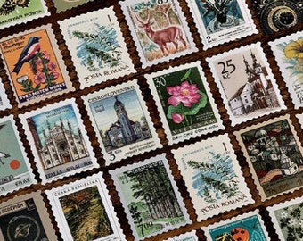 May include: A collection of vintage postage stamps featuring various designs, including animals, flowers, buildings, and abstract patterns. The stamps are in different colors and sizes, and some have text in different languages.