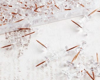 Perfectly Imperfect: Clear + Rose Gold Push Pins, Box of 200+, Metal Copper Thumbtacks for Planner, Scrapbooking, Crafts, Accessories