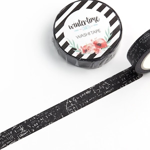 May include: Black and white washi tape with a white background and black text. The text is a series of mathematical equations. The tape is rolled up and the end of the tape is unrolled. The tape is labeled "wintertime washi tape".