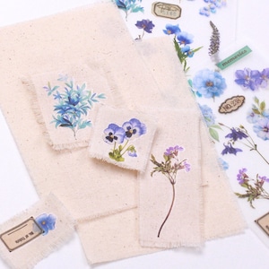 Rub-on Flower Stickers with Linen Fabric - Botanical Nature Stickers by Appree for Paper Crafts, Scrapbooking, Journaling, Blue Florals