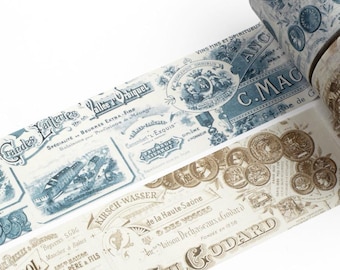 French Letterheads Washi Tape *SHOP EXCLUSIVE* Blue or Brown Vintage Art Lettering by Wintertime Crafts for Junk Journal, Notebooks