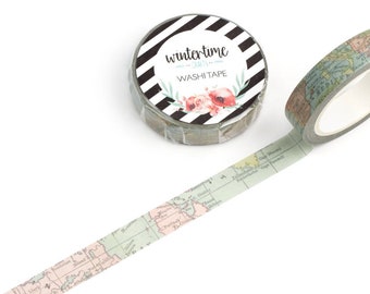 Pastel Map Washi Tape *SHOP EXCLUSIVE* Vintage Map Details by Wintertime Crafts for Junk Journals, Scrapbooking, Mixed Media