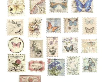 Perfectly Imperfect: Butterfly Washi Stickers with Gold Foiled Details - 40 Vintage Style Stamp Stickers for Junk Journals, Paper Crafts