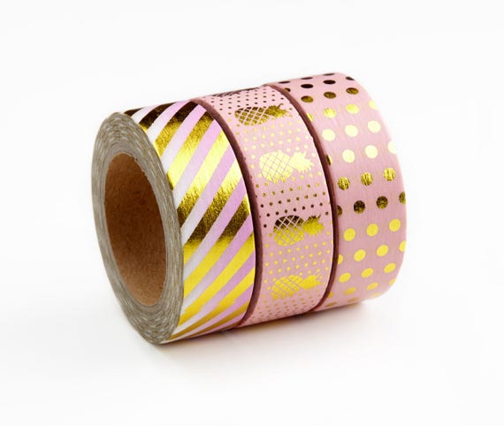 Foiled Washi Tape, Pastel Pink and Gold Stripes, Pineapples, Dots - Masking  Tape with Foil for Crafts, Scrapbooking, Notebook, Journaling