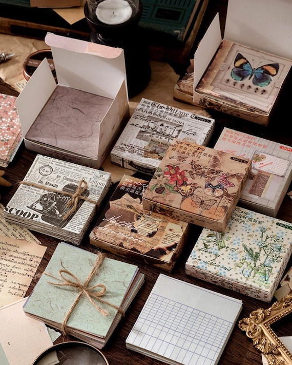 100 Sheets Paper Material in Box - Small Vintage Style Reproduction Prints for Art Journaling, Junk Journals, Notebooks, Ephemera, Retro