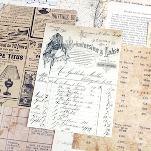 May include: A collection of vintage paper ephemera, including a receipt from a pharmacy, a music sheet, and a newspaper clipping. The paper is aged and yellowed, with handwritten text and illustrations.