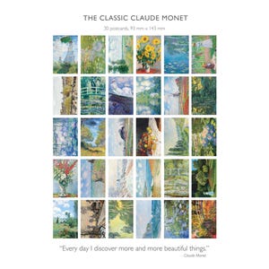 May include: A collection of 30 postcards showcasing Claude Monet's artwork. Each postcard measures 93 mm x 143 mm. The image is titled "THE CLASSIC CLAUDE MONET". A quote by Monet is at the bottom of the image.