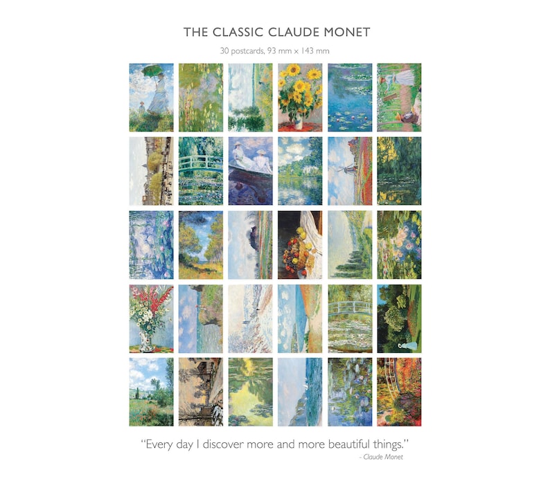 May include: A collection of 30 postcards showcasing Claude Monet's artwork. Each postcard measures 93 mm x 143 mm. The image is titled "THE CLASSIC CLAUDE MONET". A quote by Monet is at the bottom of the image.