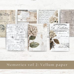 May include: A collection of vintage-style vellum paper sheets with aged textures, handwritten script, and floral accents. The papers feature faded colors, stamps, and the text "PARIS 1889" and "QUINCAILLERIE Ch. Ballatin". The image is labeled "Memories vol 2: Vellum paper".