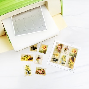 May include: A close-up of a craft machine with a sheet of paper in the tray. The paper has a grid pattern and is ready to be cut. There are several sheets of paper with floral designs on them, ready to be cut into stamps.