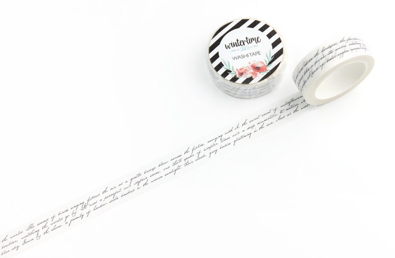 Washi tape with beautiful script text. The text is from a story about nature, featuring words like: wildflowers, fields, birds, seals, sunlight, idyllic, peaceful, and so many more.