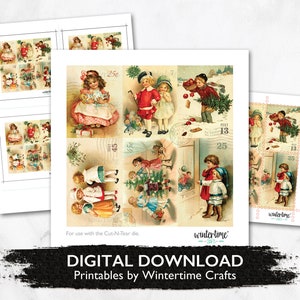 Dzieci Bożonarodzeniowe, plik cyfrowy Cut-N-Tear do wycinania - Vintage Holiday Stamp Designs do scrapbookingu, prowadzenia dziennika, papierowych rękodzieł