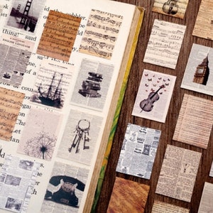 May include: A collection of vintage-style paper ephemera with various designs, including musical notes, a ship, a dreamcatcher, a telephone, a dandelion, a cityscape, and a violin. The papers are printed on a cream-colored background with black ink.