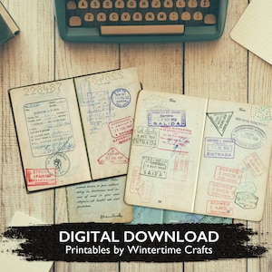 Páginas de passaporte vintage para impressão com carimbos - Download digital de itens efêmeros, diário de lixo, scrapbooking, mídia mista, caderno de viagem