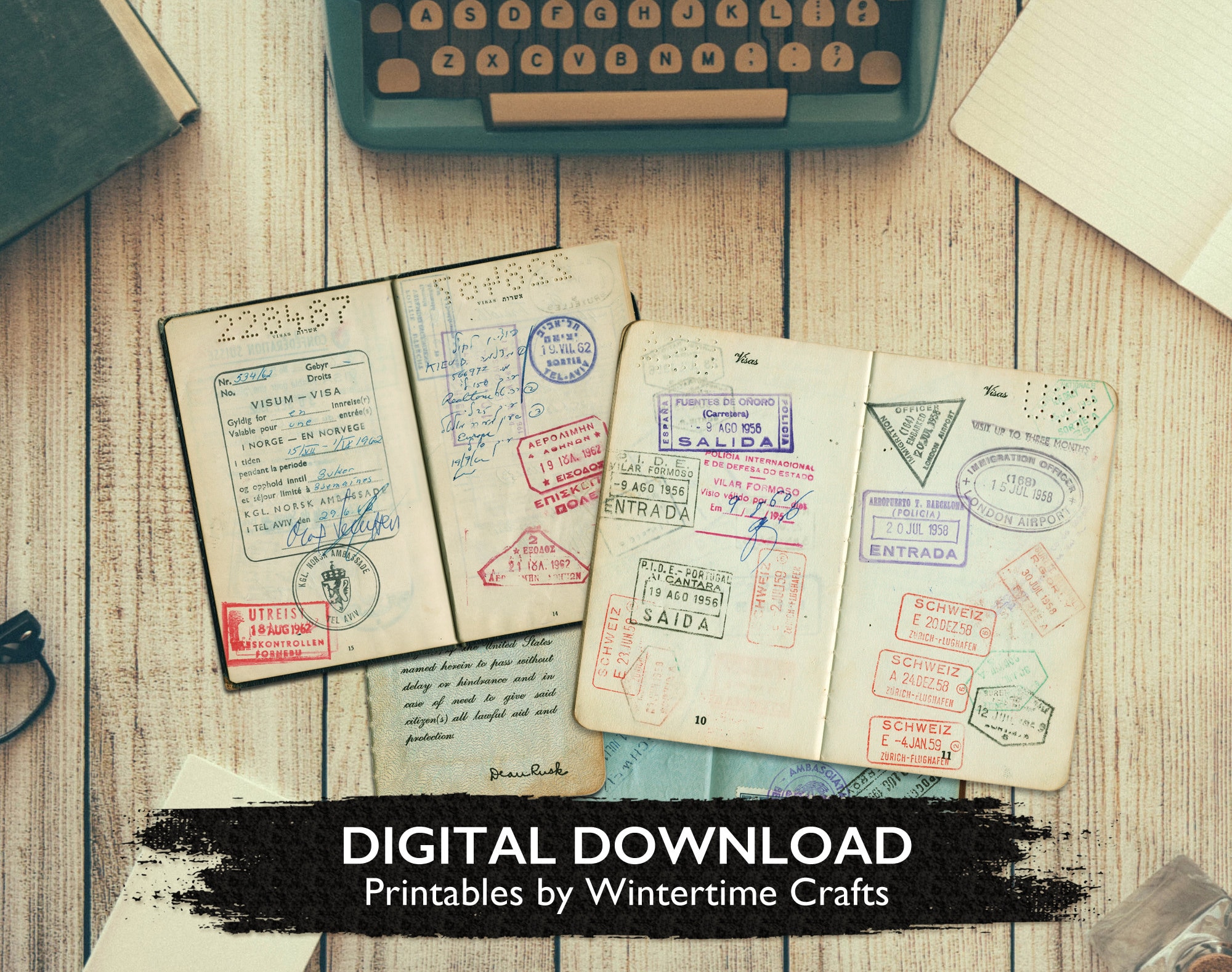 Printable Vintage Passport Pages with Stamps - Ephemera Digital Download, Junk Journaling, Scrapbooking, Mixed Media, Traveler's Notebook