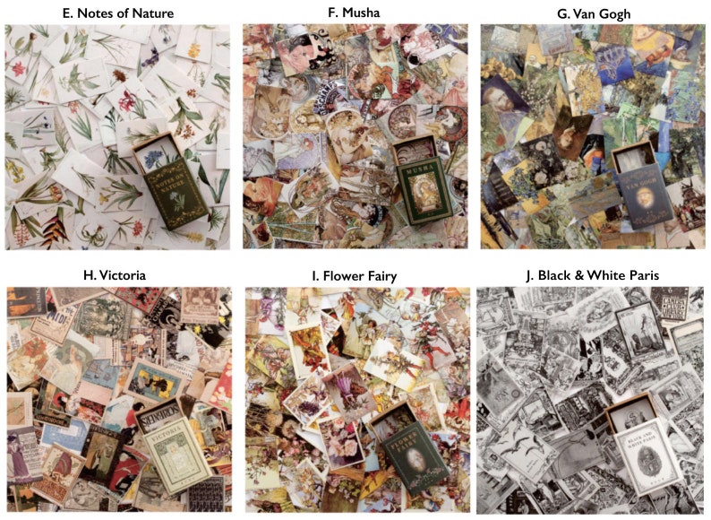 May include: A collection of vintage-style decorative boxes filled with small cards featuring various images. The boxes are labeled with the names of different themes, including "Notes of Nature", "Musha", "Van Gogh", "Victoria", "Flower Fairy", and "Black & White Paris".