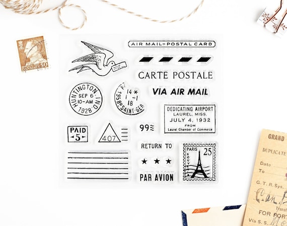 Set of Clear Stamps, Carte Postale and Air Mail Stamp *SHOP EXCLUSIVE* for Paper Crafts, Scrapbooking, Art Journaling, Paris Postcard 4x4 in