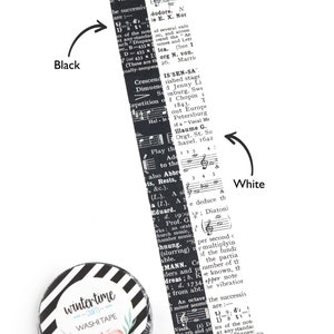 Washi tape with details from a vintage music dictionary. Choose between a black or white background.