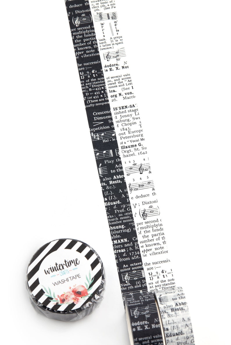 Washi tape with details from a vintage music dictionary. Choose between a black or white background.