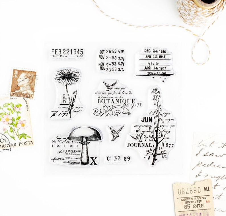 Clear Stamps Botanique SHOP EXCLUSIVE for Paper Crafts, Scrapbooking, Junk Journals, Notebooks, Mixed Media, Floral Vintage 4x4 in image 1