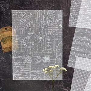 May include: A sheet of translucent paper with a white design of handwritten text, stamps, insects, and botanical illustrations. The design includes the text "POST CARD" and "BREVKORT".
