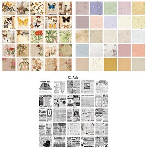 May include: A digital paper pack with 36 different designs. The designs include botanical illustrations, textures, and vintage newspaper ads. The botanical illustrations include butterflies, flowers, and leaves. The textures include various shades of blue, green, pink, and brown. The newspaper ads include text and images from vintage newspapers.
