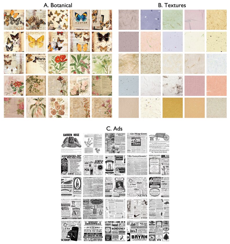 May include: A digital paper pack with 36 different designs. The designs include botanical illustrations, textures, and vintage newspaper ads. The botanical illustrations include butterflies, flowers, and leaves. The textures include various shades of blue, green, pink, and brown. The newspaper ads include text and images from vintage newspapers.