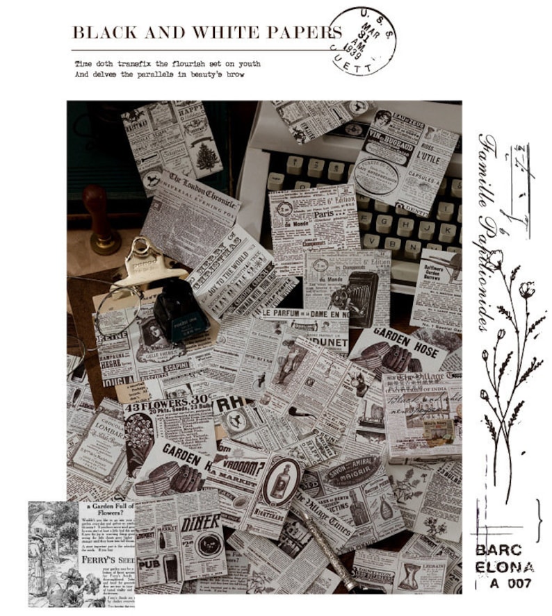 May include: Black and white vintage newspaper clippings with text such as "The London Chronicle", "Garden Hose", "43 Flowers", "Vroom?", "The Village Times", and "Ferry's Seeds".