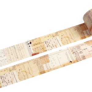 May include: A roll of washi tape with a vintage design featuring handwritten text and numbers in shades of brown, beige, and red.