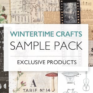 May include: A collage of images featuring vintage paper textures, illustrations of butterflies, a hot air balloon, a bicycle, a violin, a paintbrush, and a globe. The text "WINTERTIME CRAFTS SAMPLE PACK EXCLUSIVE PRODUCTS" is displayed in a teal blue box.