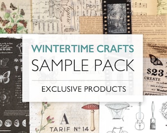 Könnte beinhalten: Eine Collage aus Bildern mit Vintage-Papiertexturen, Illustrationen von Schmetterlingen, einem Heißluftballon, einem Fahrrad, einer Geige, einem Pinsel und einer Weltkugel. Der Text "WINTERTIME CRAFTS SAMPLE PACK EXCLUSIVE PRODUCTS" wird in einem blaugrünen Kasten angezeigt.
