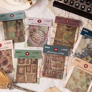 May include: A set of 10 vintage-style decorative paper stickers with a variety of designs, including floral patterns, clock faces, and geometric shapes. The stickers are printed on a translucent paper and have a distressed, aged look. The stickers are labeled "Spatiotemporal Letter" and "30 Pieces".