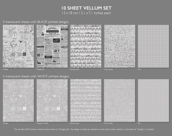 Printed Vellum Paper, 10 Small Sheets White Black Ink SHOP EXCLUSIVE Grid,  Script Writing, Music, Vintage Ads, Collage, Translucent 