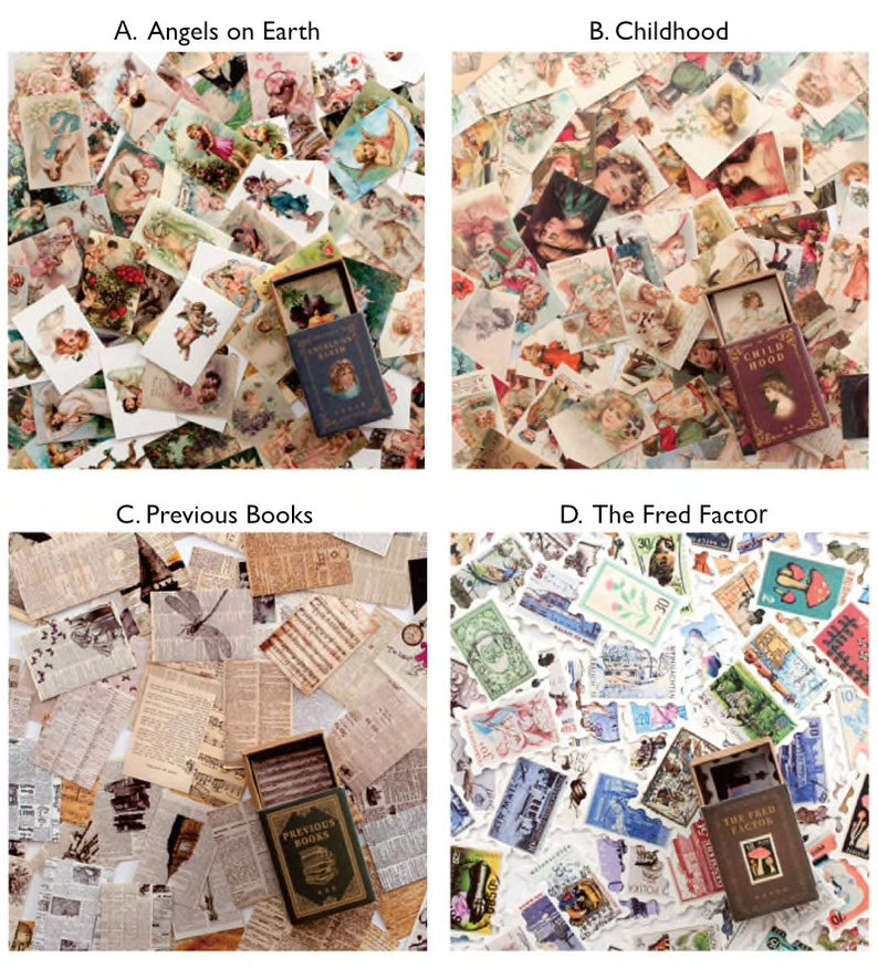 May include: Four sets of vintage style ephemera, each with a different theme. The first set is titled "Angels on Earth" and features images of angels and children. The second set is titled "Childhood" and features images of children. The third set is titled "Previous Books" and features images of books. The fourth set is titled "The Fred Factor" and features images of various subjects.