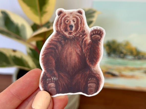 Waving Bear Sticker: Waterproof Gouache Forest Animal Decal