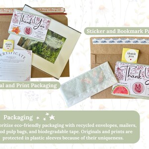 May include: Two brown cardboard envelopes with a white certificate and a print inside. The envelopes are labeled "Original and Print Packaging" and "Sticker and Bookmark Packaging". The envelopes are decorated with thank you cards and stickers. The text "Packaging***" is written in green on a white background with a white star on each side of the text. The text "ES ART" is written in white on a red background with a white cat silhouette inside the letters.