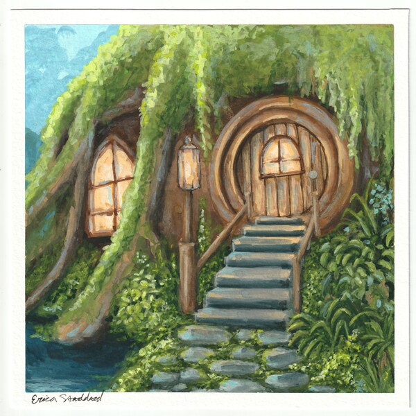 Swamp Hobbit Hole by Erica Stoddard | Original Gouache Painting | Brick Gate Lush Garden | gift for homeowners mothers day birthdays