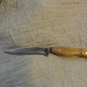 May include: A hunting knife with a wooden handle and a metal blade.