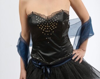 CLEARANCE 50% OFF! Strapless top in black satin, Black Lace and sequins