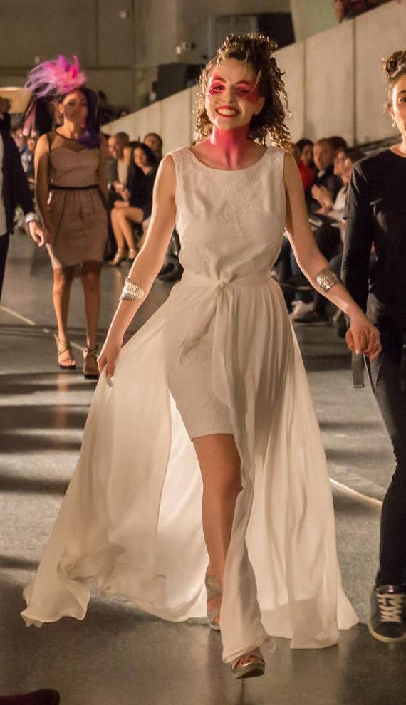 CLEARANCE 50% OFF! Long Cream Lace and Ivory Chiffon Detachable Long Skirt  or Short Wedding Dress