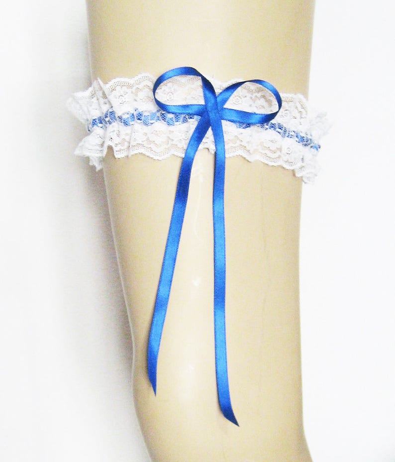 Liga de novia en encaje blanco y cinta de sat\u00e9n azul real | Etsy
