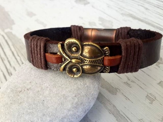 Items similar to Handmade Bracelet , Spiritual Bronze Owl Leather Mens ...