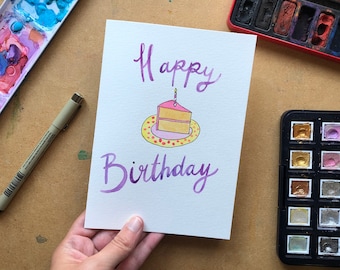 Birthday Cards Pack of 5 - Happy Birthday, Cake, Hand-drawn, Stationary, Watercolour Cards, Gender Neutral Birthday Cards