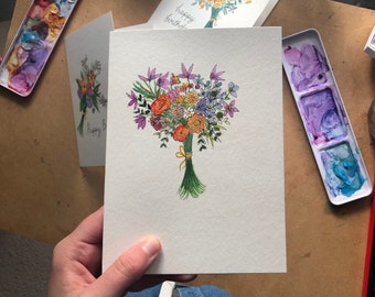 Custom Wedding Bouquet Card | Anniversary, Bride, Watercolour, Floral Art, Gift for Her, Handmade, Hand-Painted, One of a kind, Illustration