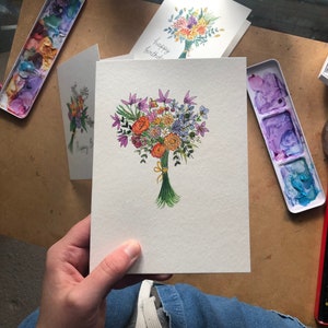 Custom Wedding Bouquet Card | Anniversary, Bride, Watercolour, Floral Art, Gift for Her, Handmade, Hand-Painted, One of a kind, Illustration