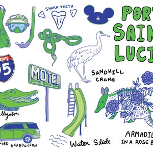 以下が含まれることがあります： 緑色のワニ、緑色のフォード・エクスペディション、緑色のウォータースライダー、緑色のヘビ、緑色のサンドヒル・クレーン、バラの茂みの中の緑色のアルマジロ、緑色のモーテルの看板、緑色の州間高速道路95の看板、緑色のダイビングマスクとフィン、緑色のサメの歯を描いた手描きのイラスト。イラストは白い背景に描かれている。