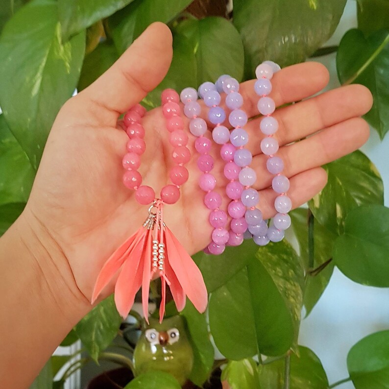 BIRD OF PARADISE Mala Yoga Mala Necklace Pink /& Lilac Jade * Feathers Boho Jewelry Mindful Jewelry 108 Mala Beads Blue