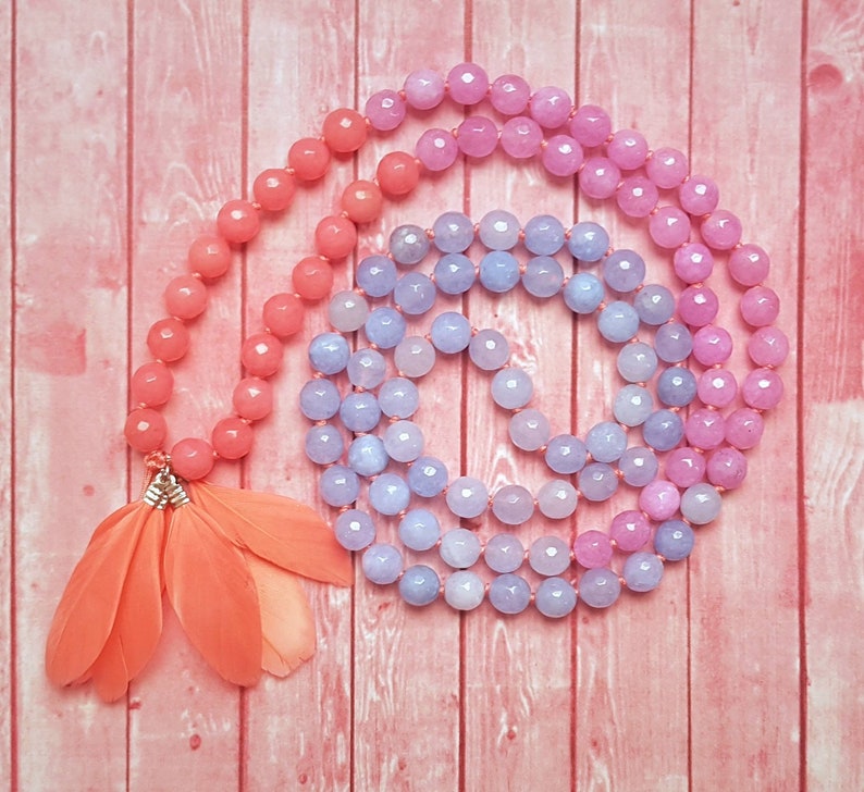 BIRD OF PARADISE Mala Yoga Mala Necklace Pink /& Lilac Jade * Feathers Boho Jewelry Mindful Jewelry 108 Mala Beads Blue