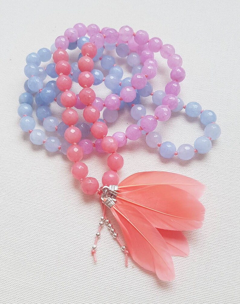 BIRD OF PARADISE Mala Yoga Mala Necklace Pink /& Lilac Jade * Feathers Boho Jewelry Mindful Jewelry 108 Mala Beads Blue
