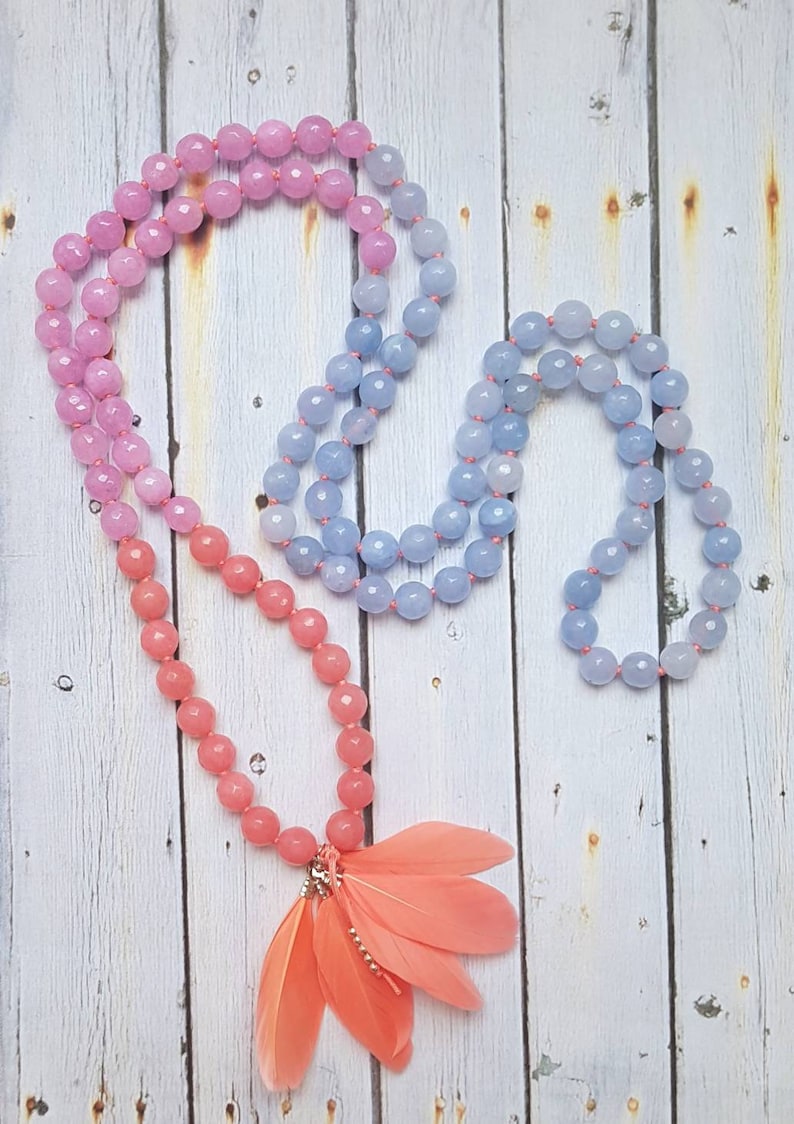 BIRD OF PARADISE Mala Yoga Mala Necklace Pink /& Lilac Jade * Feathers Boho Jewelry Mindful Jewelry 108 Mala Beads Blue